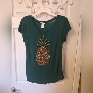 H&M Dark Green Short-Sleeve Tee with Sequin Pineapple Size S